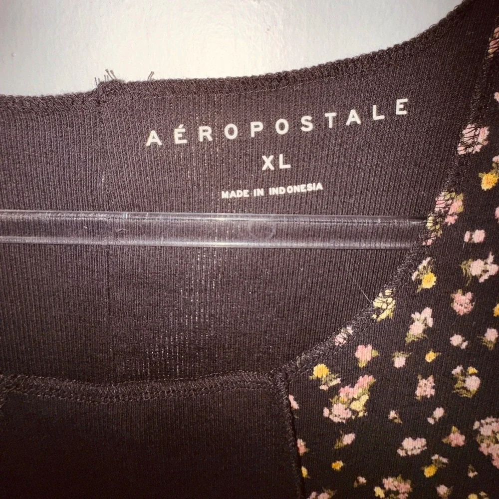 Aeropostale XL Black Floral Ribbed Knit‎ Sleeveless Bodycon Dress Y2k Cottage